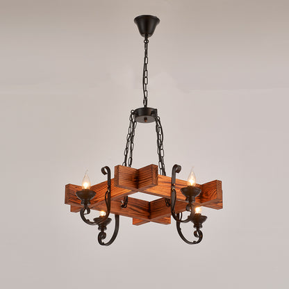 Chambas 4-Light Retro Wood Pendant - Black Finish, Natural Wood Accents, E14 Base