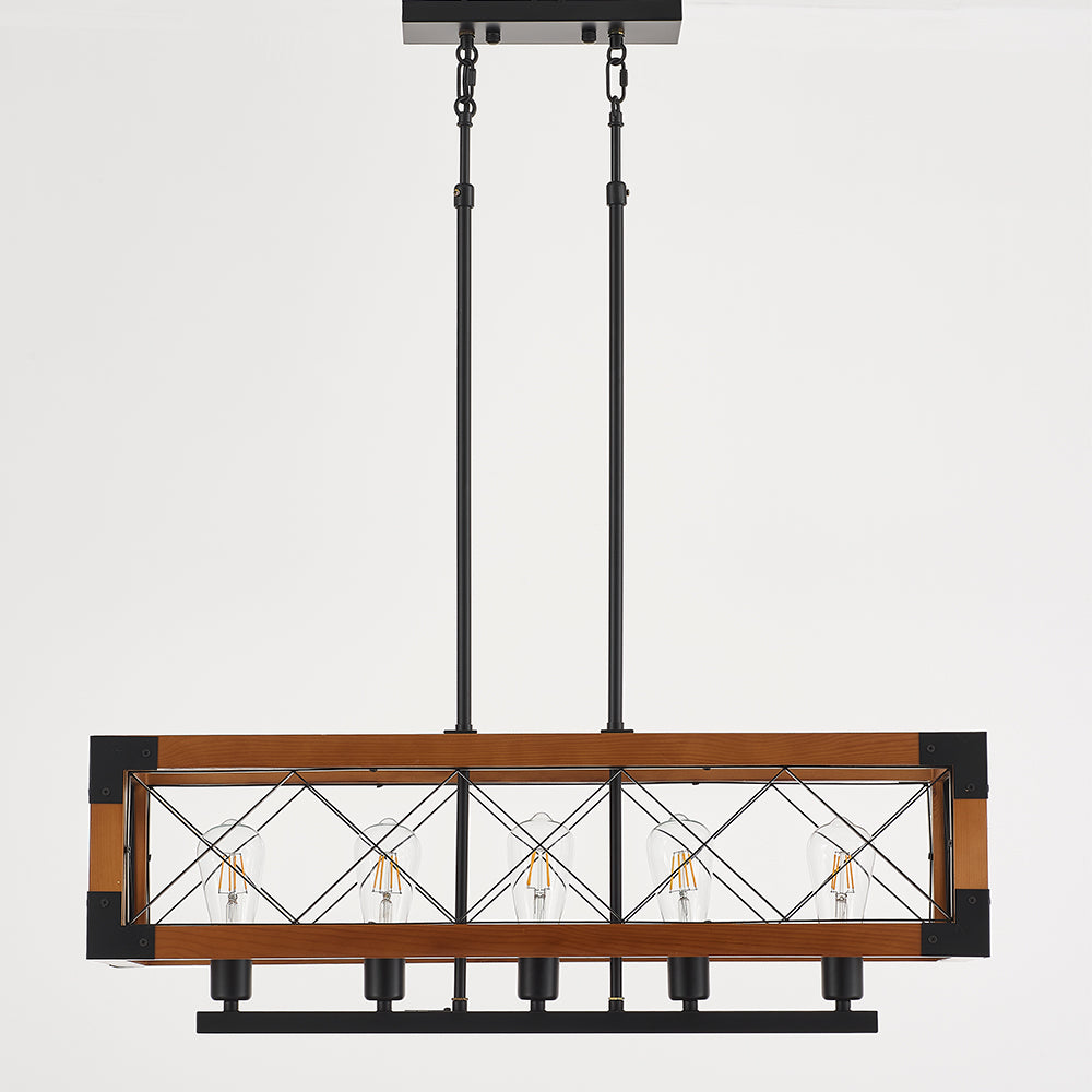 Javier 5-Light Retro Wood Pendant - Black Finish, Natural Wood Accents, E27 Base