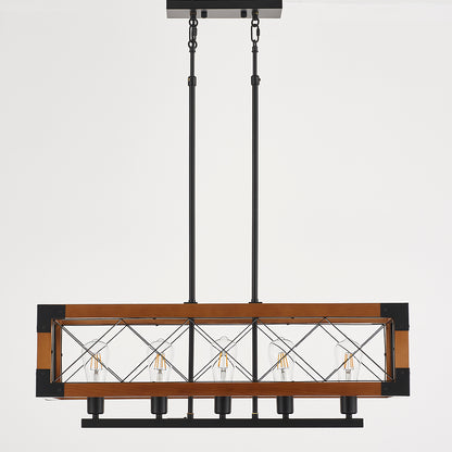 Javier 5-Light Retro Wood Pendant - Black Finish, Natural Wood Accents, E27 Base