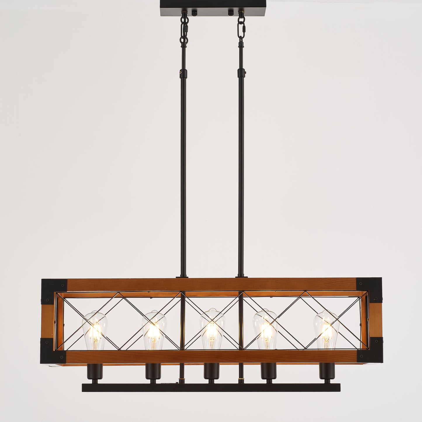 Javier 5-Light Retro Wood Pendant - Black Finish, Natural Wood Accents, E27 Base
