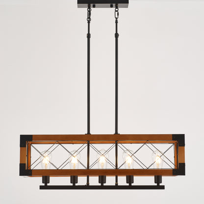 Javier 5-Light Retro Wood Pendant - Black Finish, Natural Wood Accents, E27 Base