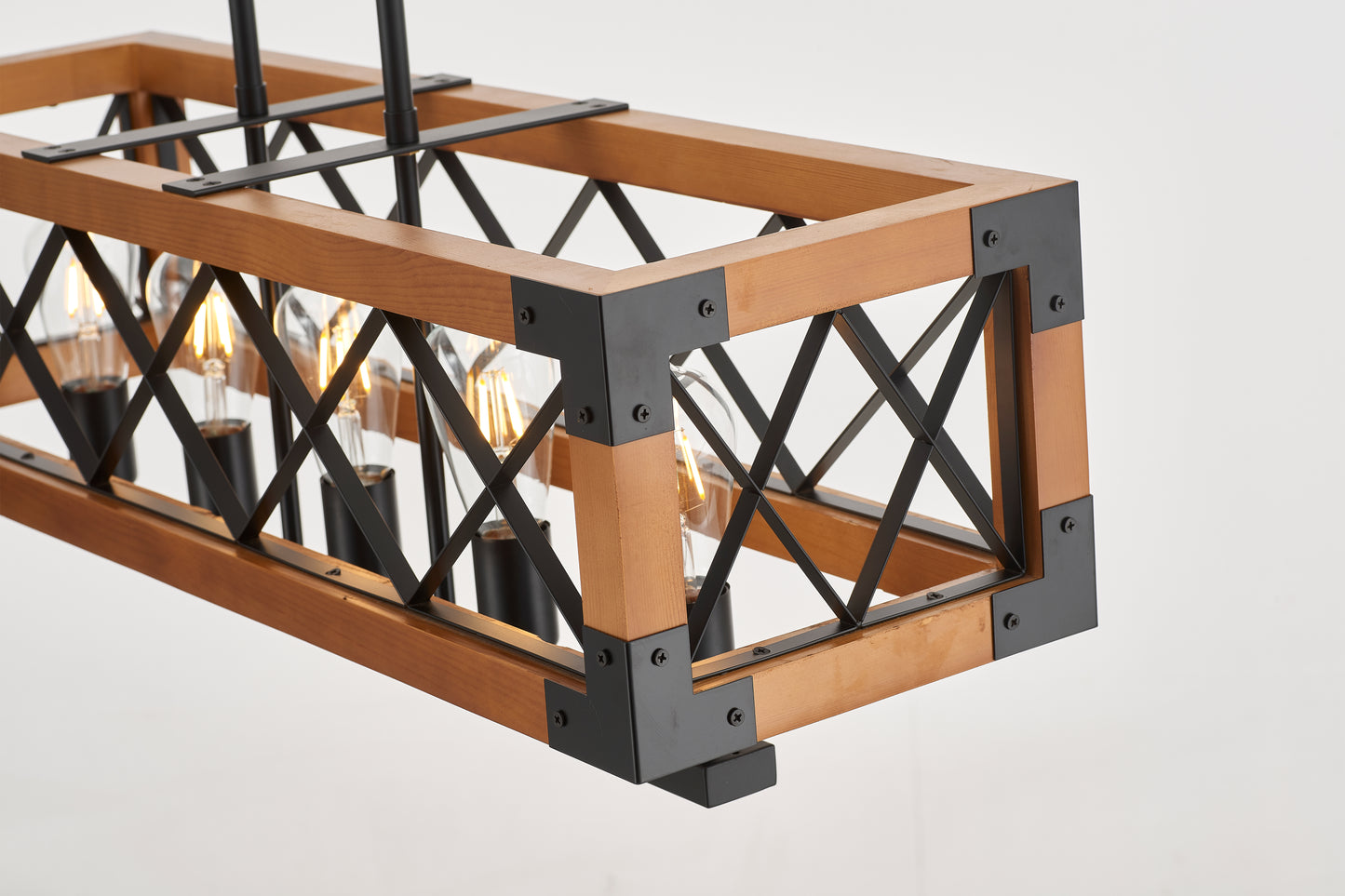 Javier 5-Light Retro Wood Pendant - Black Finish, Natural Wood Accents, E27 Base