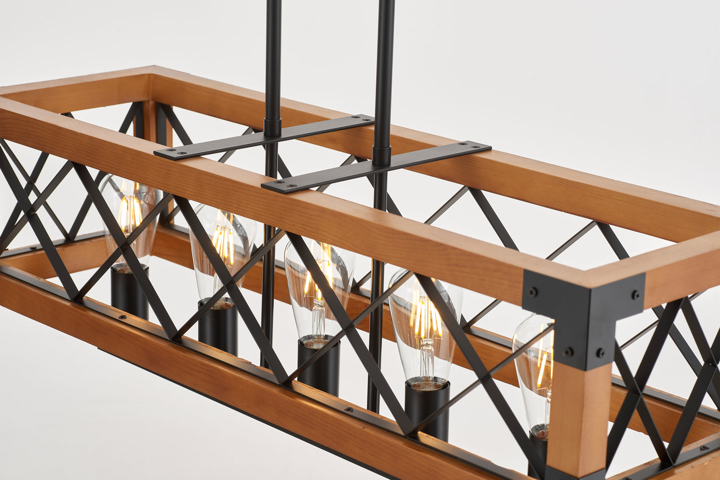 Javier 5-Light Retro Wood Pendant - Black Finish, Natural Wood Accents, E27 Base