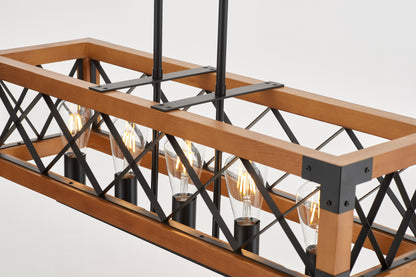 Javier 5-Light Retro Wood Pendant - Black Finish, Natural Wood Accents, E27 Base