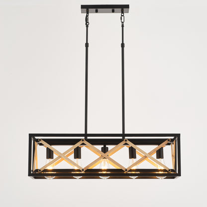 Diego 5-Light Retro Wood Pendant - Black Finish, Natural Wood Accents, E27 Base
