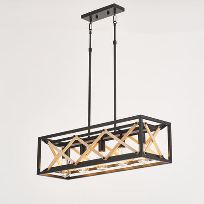 Diego 5-Light Retro Wood Pendant - Black Finish, Natural Wood Accents, E27 Base