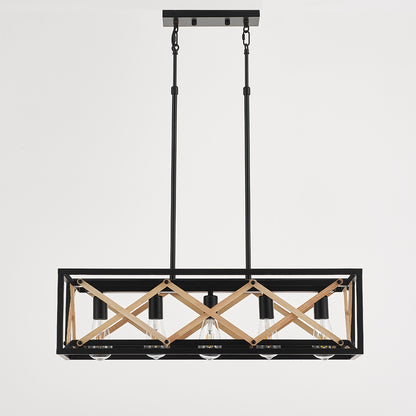 Diego 5-Light Retro Wood Pendant - Black Finish, Natural Wood Accents, E27 Base