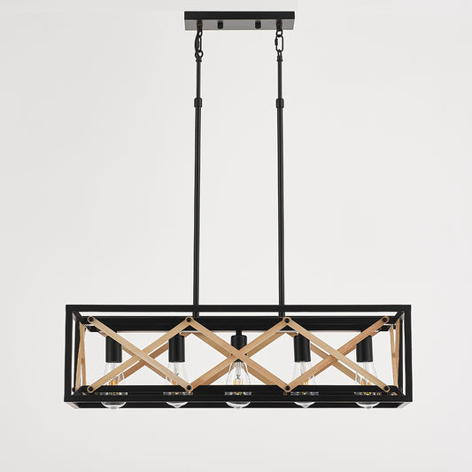 Diego 5-Light Retro Wood Pendant - Black Finish, Natural Wood Accents, E27 Base