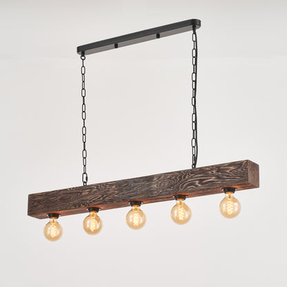 Viga 5-Light Retro Wood Pendant - Black Finish, Natural Wood Accents, E27 Base