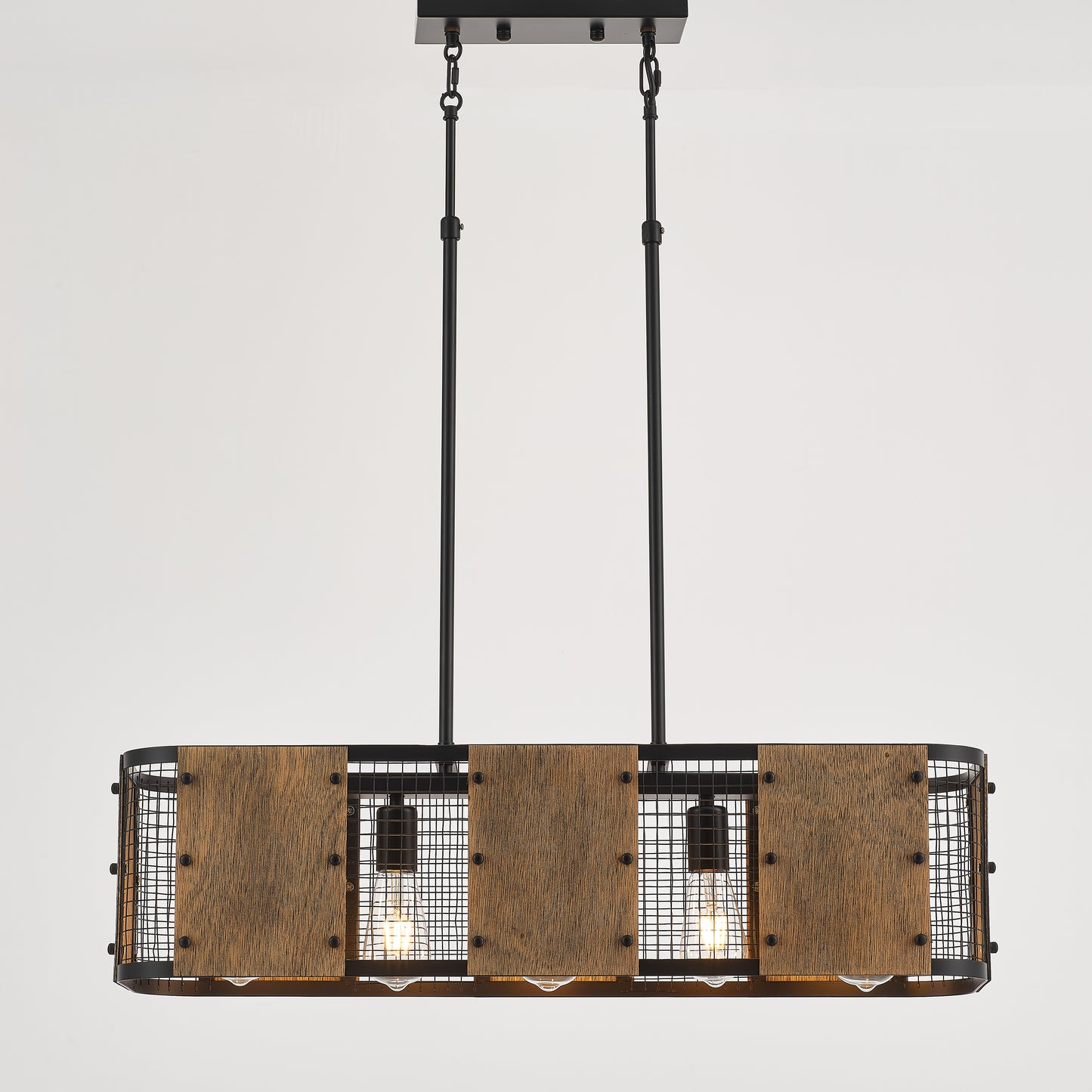 Marcos 5-Light Retro Wood Pendant - Black Finish, Natural Wood Accents, E27 Base