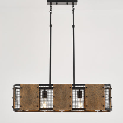 Marcos 5-Light Retro Wood Pendant - Black Finish, Natural Wood Accents, E27 Base