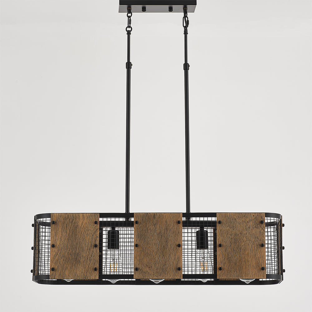 Marcos 5-Light Retro Wood Pendant - Black Finish, Natural Wood Accents, E27 Base