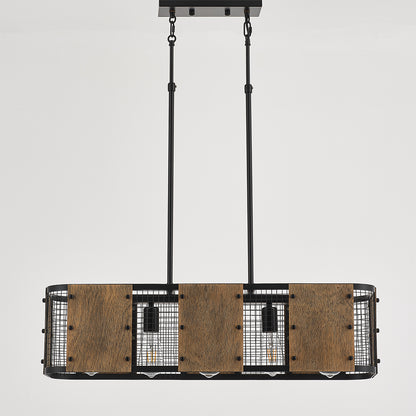 Marcos 5-Light Retro Wood Pendant - Black Finish, Natural Wood Accents, E27 Base