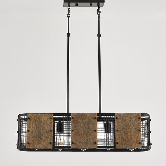 Marcos 5-Light Retro Wood Pendant - Black Finish, Natural Wood Accents, E27 Base