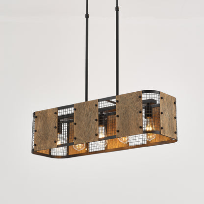 Marcos 5-Light Retro Wood Pendant - Black Finish, Natural Wood Accents, E27 Base