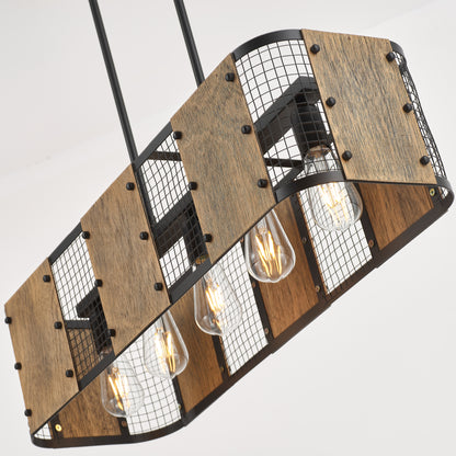 Marcos 5-Light Retro Wood Pendant - Black Finish, Natural Wood Accents, E27 Base