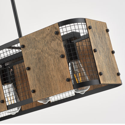 Marcos 5-Light Retro Wood Pendant - Black Finish, Natural Wood Accents, E27 Base