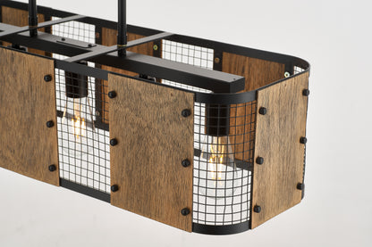 Marcos 5-Light Retro Wood Pendant - Black Finish, Natural Wood Accents, E27 Base