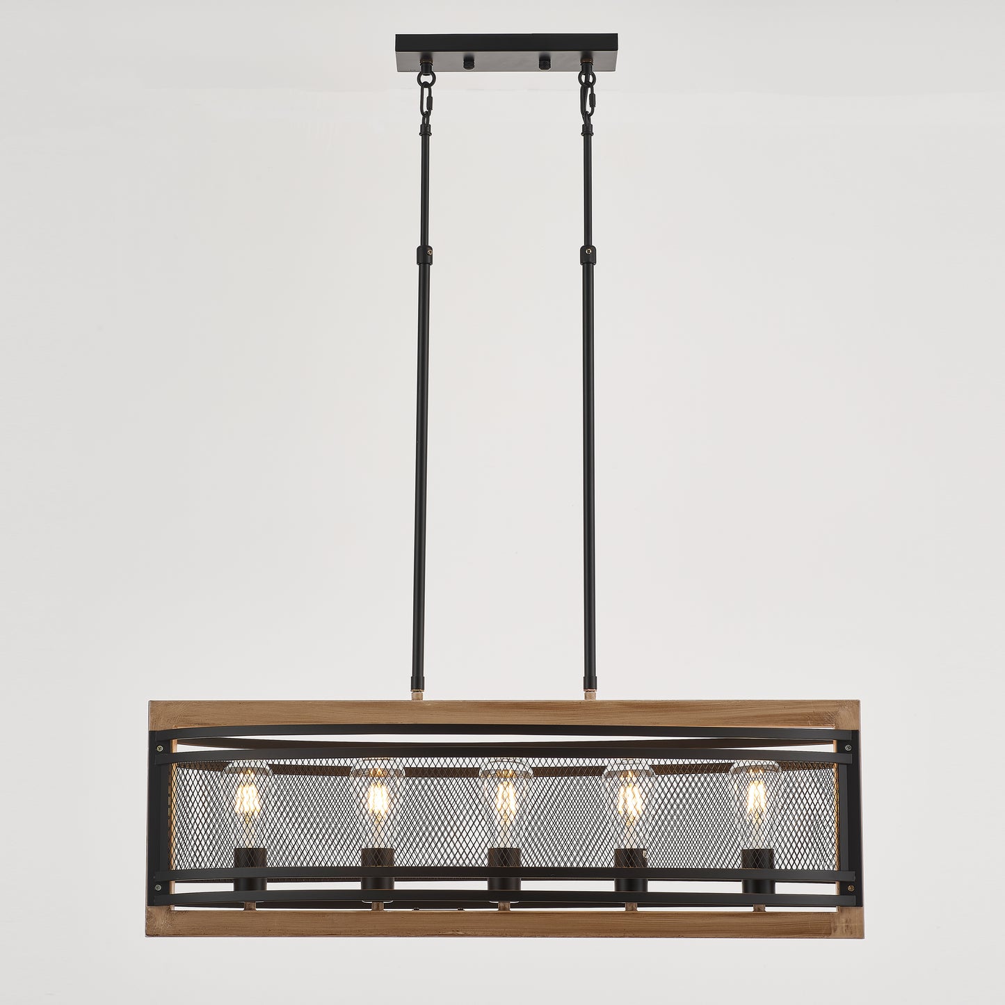 Valla 5-Light Retro Wood Pendant - Black Finish, Natural Wood Accents, E27 Base