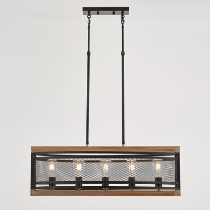 Valla 5-Light Retro Wood Pendant - Black Finish, Natural Wood Accents, E27 Base