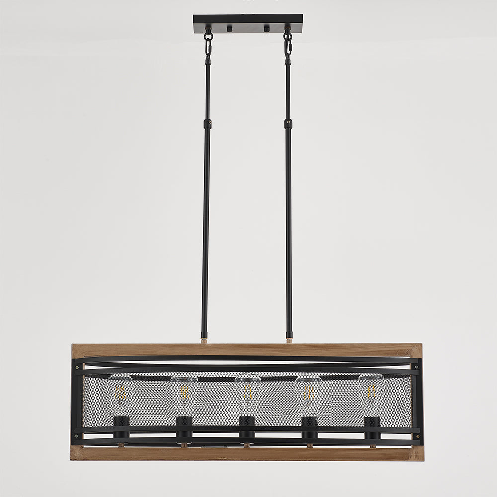Valla 5-Light Retro Wood Pendant - Black Finish, Natural Wood Accents, E27 Base