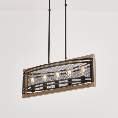 Valla 5-Light Retro Wood Pendant - Black Finish, Natural Wood Accents, E27 Base