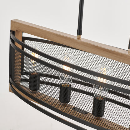 Valla 5-Light Retro Wood Pendant - Black Finish, Natural Wood Accents, E27 Base