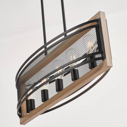 Valla 5-Light Retro Wood Pendant - Black Finish, Natural Wood Accents, E27 Base