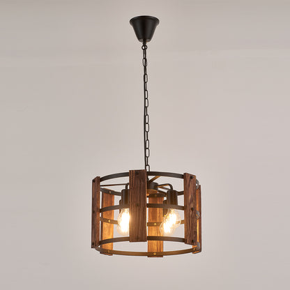 Valeria 4-Light Retro Wood Pendant - Black Finish, Natural Wood Accents, E27 Base