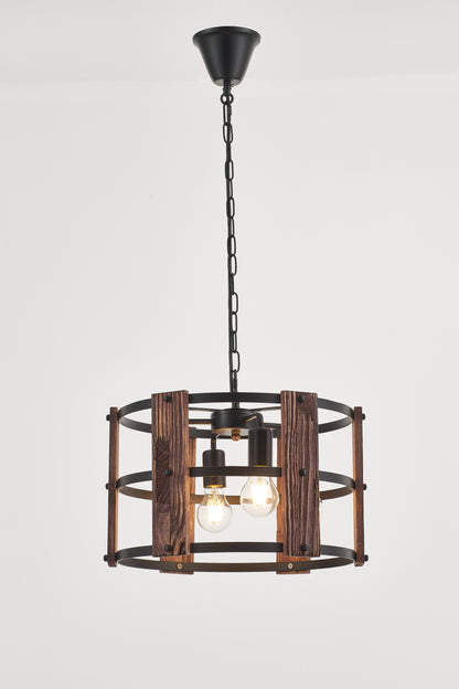 Valeria 4-Light Retro Wood Pendant - Black Finish, Natural Wood Accents, E27 Base