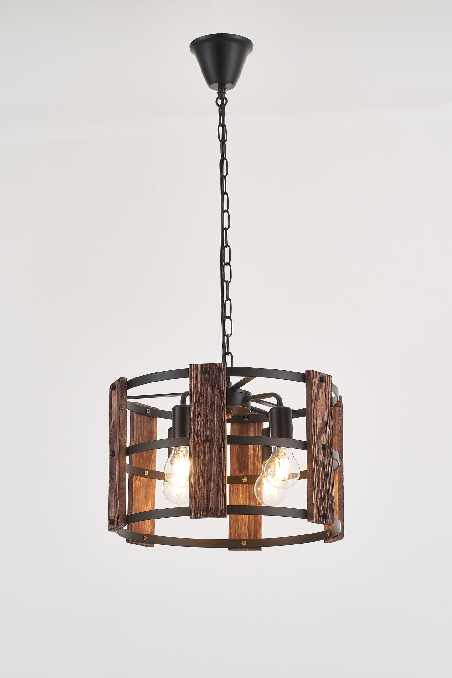Valeria 4-Light Retro Wood Pendant - Black Finish, Natural Wood Accents, E27 Base