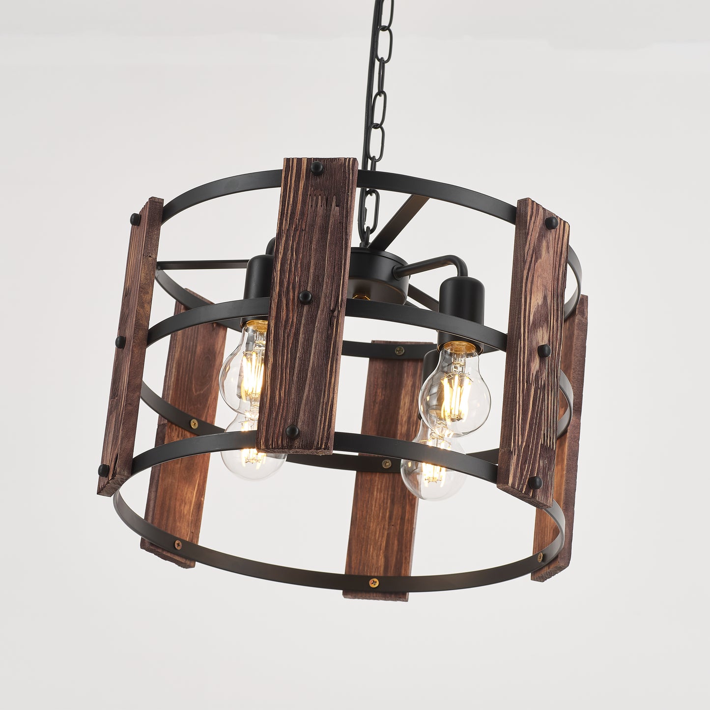 Valeria 4-Light Retro Wood Pendant - Black Finish, Natural Wood Accents, E27 Base