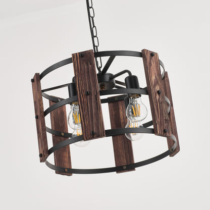 Valeria 4-Light Retro Wood Pendant - Black Finish, Natural Wood Accents, E27 Base