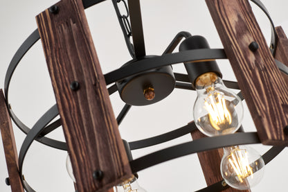 Valeria 4-Light Retro Wood Pendant - Black Finish, Natural Wood Accents, E27 Base