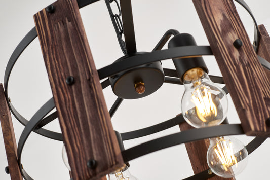 Valeria 4-Light Retro Wood Pendant - Black Finish, Natural Wood Accents, E27 Base