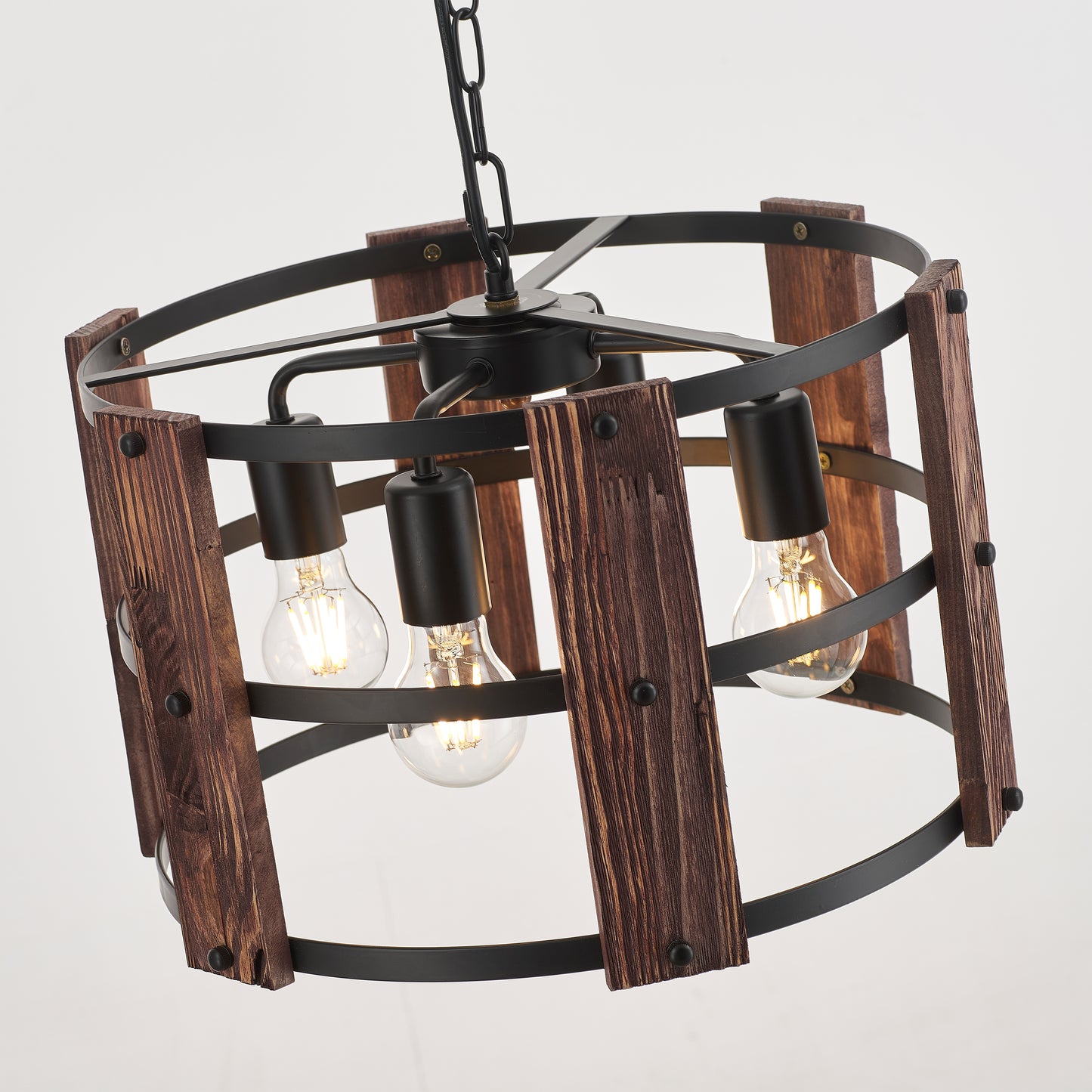 Valeria 4-Light Retro Wood Pendant - Black Finish, Natural Wood Accents, E27 Base