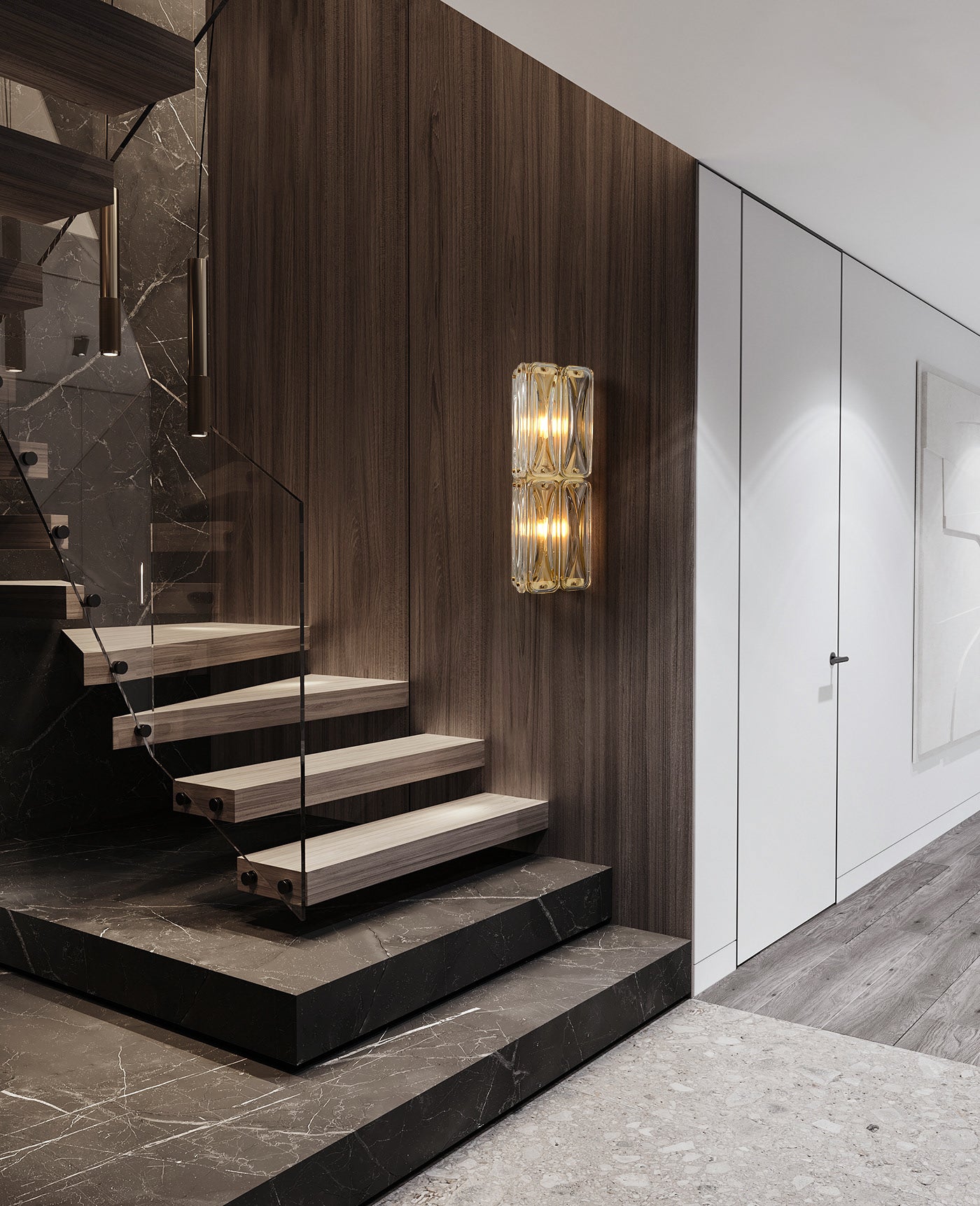 Scutum 2-Light Wall Light - Copper Finish, Clear Artistic Glass, Iron Frame, E14 Base