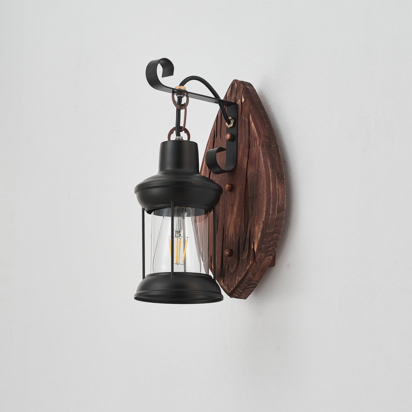 Tomas Single-Light Retro Wood Wall Light - Black Finish, Natural Wood Accents, E27 Base