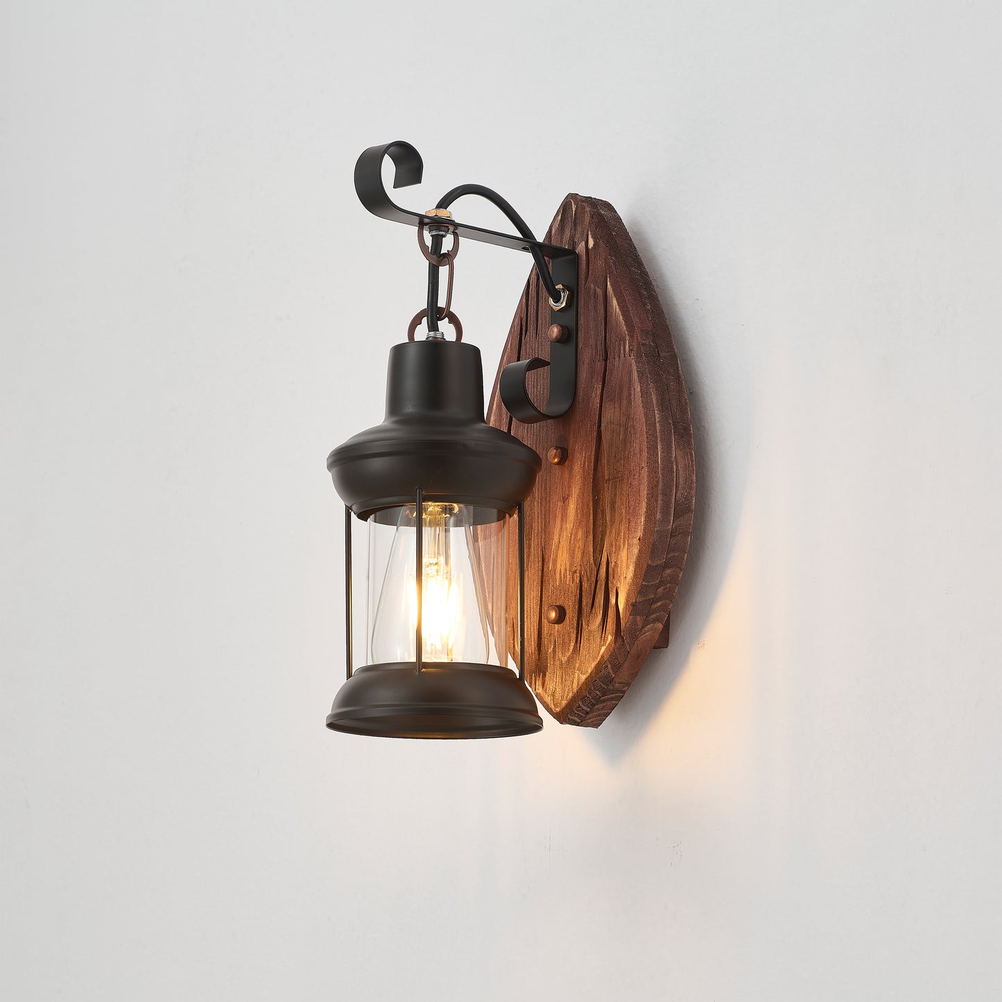 Tomas Single-Light Retro Wood Wall Light - Black Finish, Natural Wood Accents, E27 Base