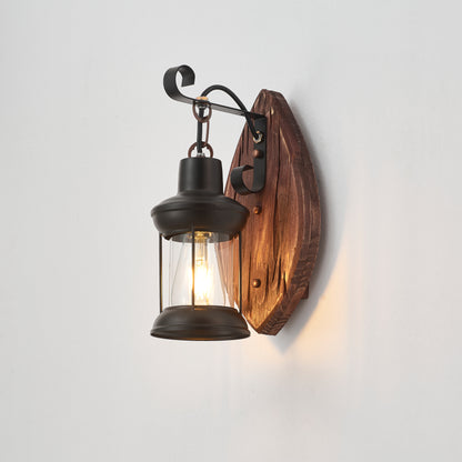 Tomas Single-Light Retro Wood Wall Light - Black Finish, Natural Wood Accents, E27 Base