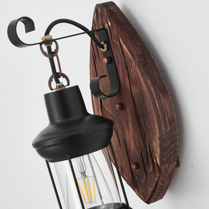 Tomas Single-Light Retro Wood Wall Light - Black Finish, Natural Wood Accents, E27 Base