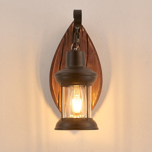 Tomas Single-Light Retro Wood Wall Light - Black Finish, Natural Wood Accents, E27 Base
