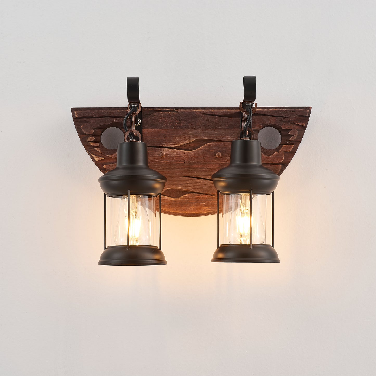 Tomas 2-Light Retro Wood Wall Light - Black Finish, Natural Wood Accents, E27 Base