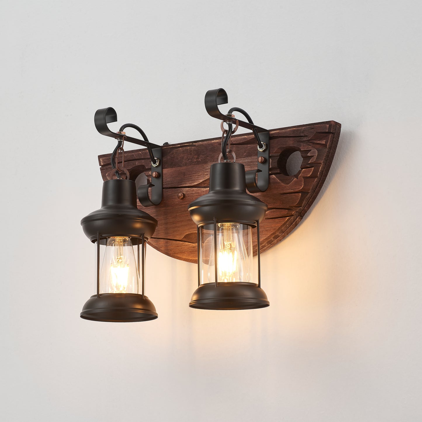 Tomas 2-Light Retro Wood Wall Light - Black Finish, Natural Wood Accents, E27 Base