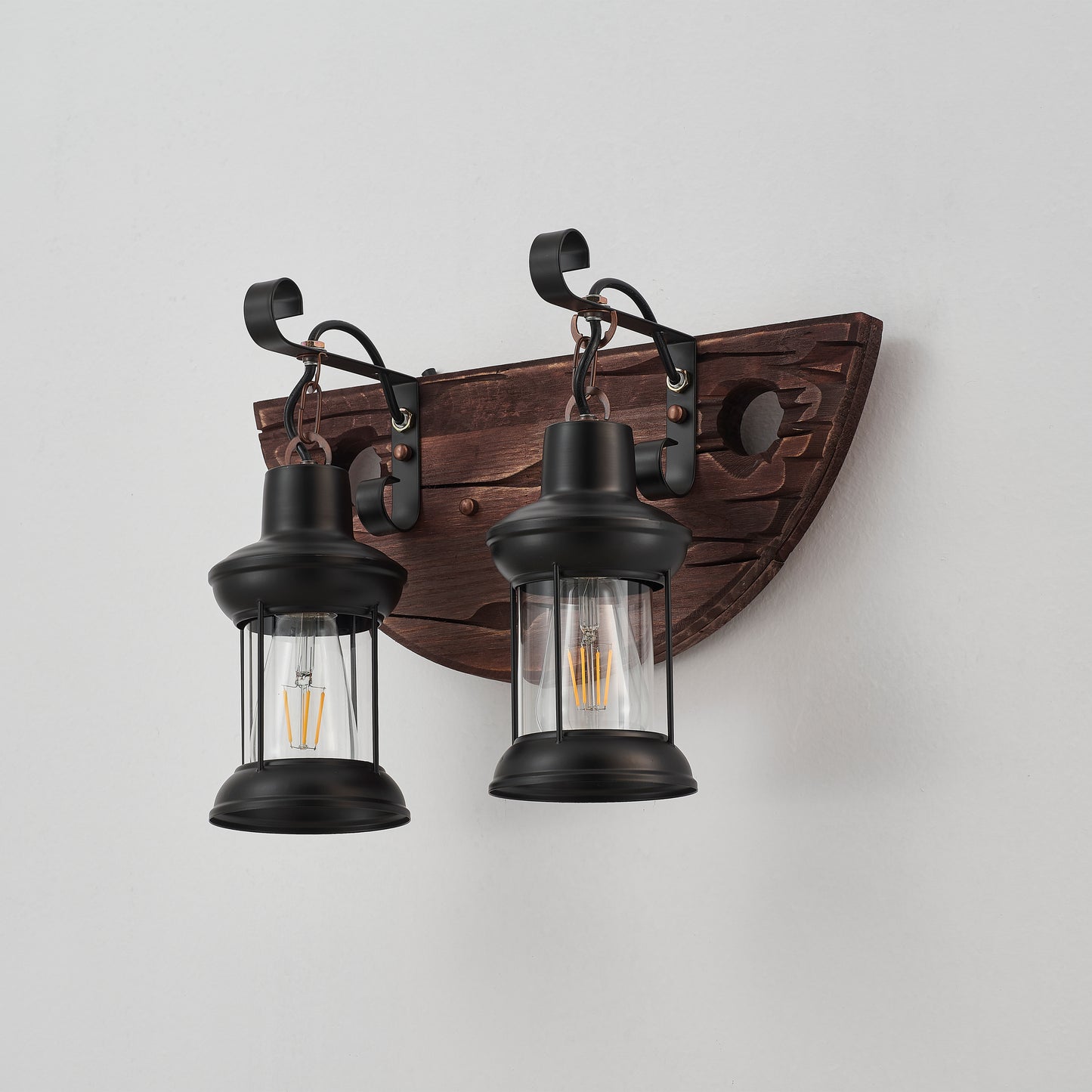 Tomas 2-Light Retro Wood Wall Light - Black Finish, Natural Wood Accents, E27 Base