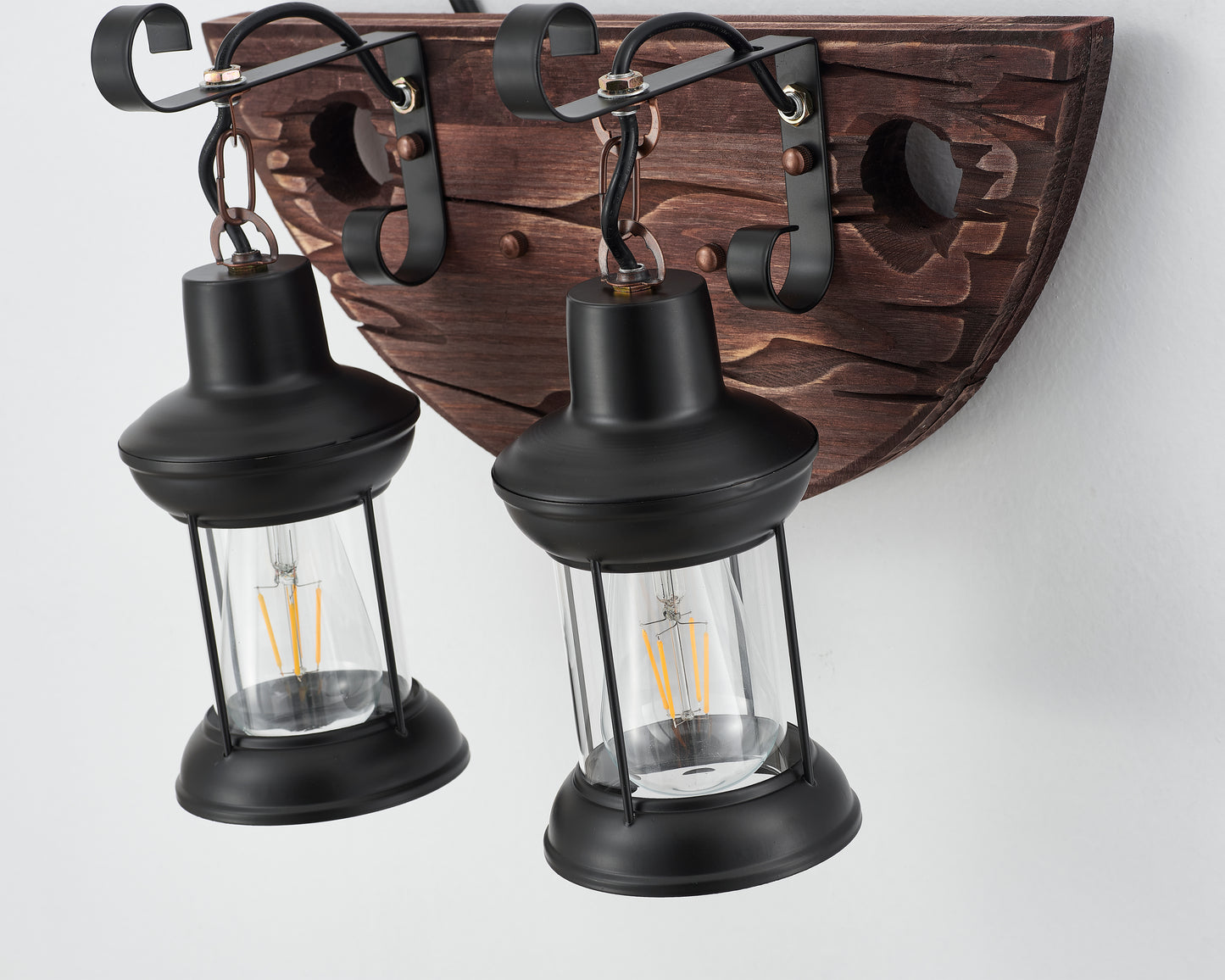 Tomas 2-Light Retro Wood Wall Light - Black Finish, Natural Wood Accents, E27 Base