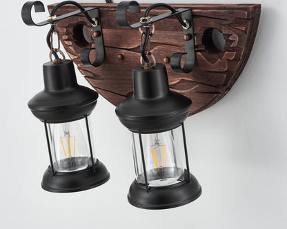 Tomas 2-Light Retro Wood Wall Light - Black Finish, Natural Wood Accents, E27 Base