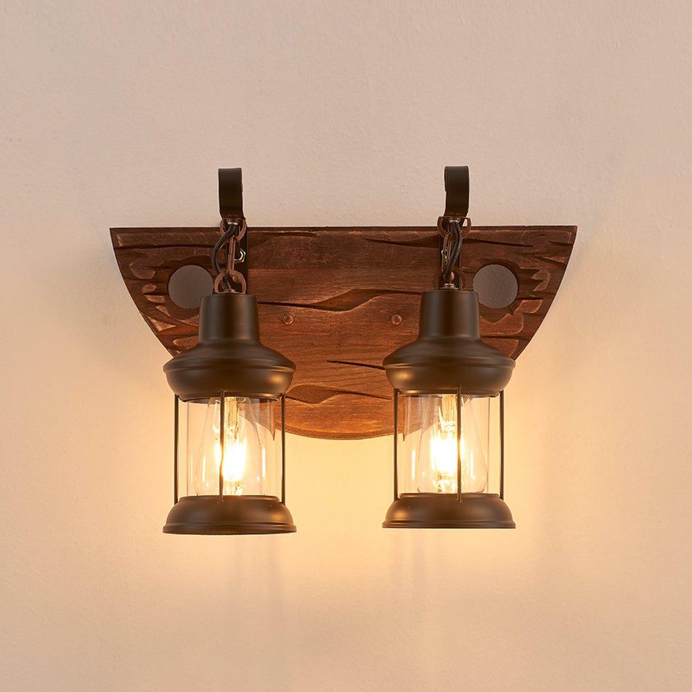 Tomas 2-Light Retro Wood Wall Light - Black Finish, Natural Wood Accents, E27 Base