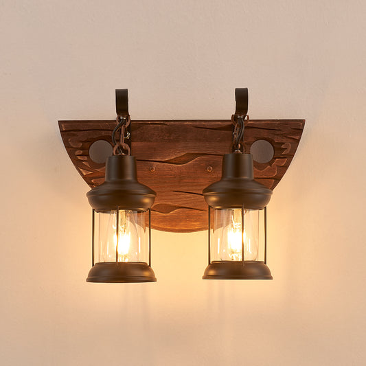Tomas 2-Light Retro Wood Wall Light - Black Finish, Natural Wood Accents, E27 Base