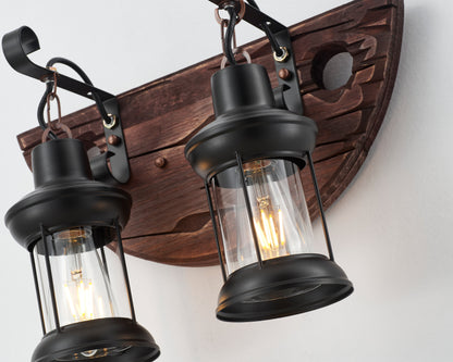 Tomas 2-Light Retro Wood Wall Light - Black Finish, Natural Wood Accents, E27 Base